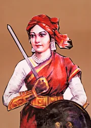 Porträtt av Rani Laxmibai, drottning av Jhansi, stor frihetskämpe under Indiens första självständighetskrig, det indiska myteriet 1857-58 (färglitografi)