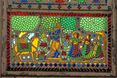 Radha Krishna med Sakhi på glasmålning