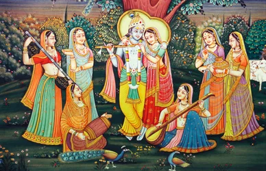 Radha Krishna med Sakhis Njut av musik