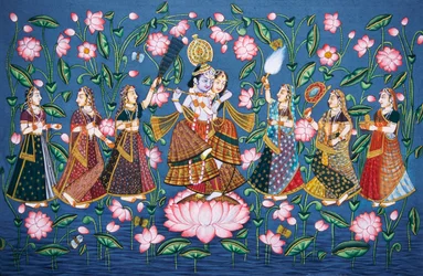Radha Krishna med Sakhis Miniatyrmålning på papper