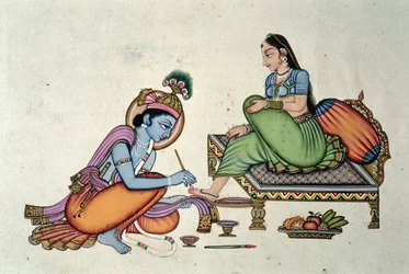 Radha och Krishna (gouache och akvarell på papper)