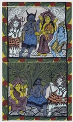 Shiva ger liv till Ganesha (Ganesh eller Ganapati), i famnen på sin mamma Parvati, efter att ha skurit hennes huvud till en arm av vrede. Pat: målad rulle från Bengal-regionen, som fungerar som ett berättande medium för musiker Baoul (eller baul). Leonard 