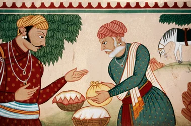 Väggmålning av förhandlingar, Jaipur, Rajasthan, Indien