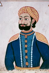 Väggmålning av Rajput Noble, Jaipur, Rajasthan, Indien
