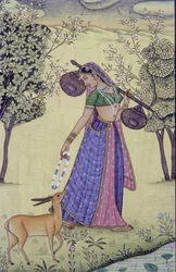 Kvinna som håller Rudra Veena och blomsterkrans Miniatyrmålning, Indien