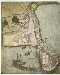 The Castle and Town of Carrickfergus, Irland, ca 1560 (penna & bläck & akvarell på papper)
