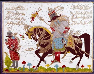 Islamisk glasmålning som skildrar historien om Antar (Antar ibn Shaddad), arabisk förislamisk poet från 500-talet. Syrien, Damaskus, Azem-palatset eller Azm