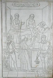 En läkare som besöker en patient, från "Fascilulus Medicinae" av Johannes de Ketham (d.c.1490) 15-1600-talet (träsnitt)