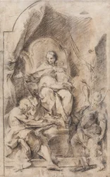 Madonnans och barnets tillbedjan med St.
Hieronymus och en skyddsängel (Kol och krita på papper)