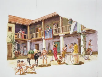 Forntida Aten - rekonstruktion av ett hus (färg litho)