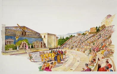 Forntida Aten - rekonstruktion av en teater (färg litho)