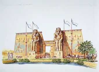 Antikens Thebe - rekonstruktion av statyerna av Amenhotep III, kända som Memnonkolosserna, under Ramses II:s tid