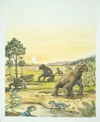 Anomodonter, förgrund, Pareisaurer, vänster, och Dinocefalians, höger, Paleozoikum, Permperiod (färg litho)