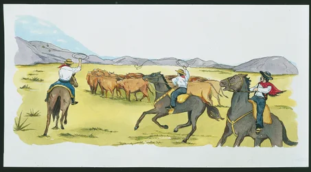 Argentina - gauchos samlar boskap i Pampas (färg litho)