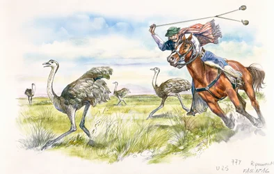 Argentina - herdar som jagar rheas i Pampas (färg litho)