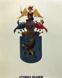 Vapensköld från familjen Attendolo Bolognini från Milano med ""dragonne"" lejon.