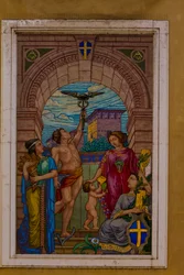 Mosaik på fasaden av byggnaden i Corso Emanuele II, bredvid Banca Agricola Mantovana, Mantua (UNESCOs världsarvslista, 2008), Lombardiet, Italien