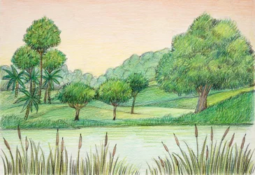 Förhistoria - tertiär - återuppbyggnad av naturlig miljö (färg litho)