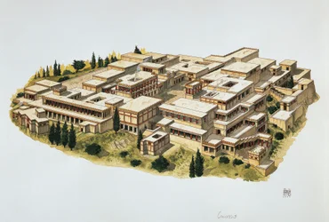 Rekonstruktion av Knossos Palace, Kreta, 1900-talet f.Kr. (färg litho)