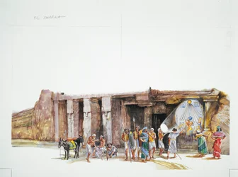 Tell el-Amarna - rekonstruktion av dyrkan av guden Aton, avbildad som solskivan (färg litho)