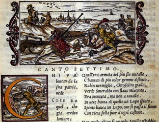Jätten Eryphila monterad på en varg slåss Roger (Ruggero, Ruggiero) - Scen av riddardikten "Orlando Furioso" (Den rasande Roland) av Ludovico Ariosto (1474 - 1533) kallad L
