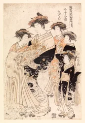 Fem japanska kvinnor (träsnitt i färg)
