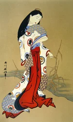 Japansk flicka från Genroku-perioden (färglitografi)