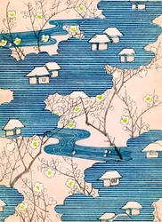 Mönster för en kimonodesign: Stugor med floder och körsbärsblommor, ca 1900 (trätryck i färg)