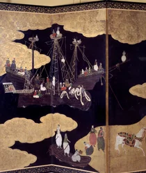 "Portugisisk" skärm: en representation av portugisiska jesuitmissionärers ankomst till Japan på 1500-talet. Detalj. Realiserat av Kanoskolan (?). 1593-1600. Lissabons museum för antik konst