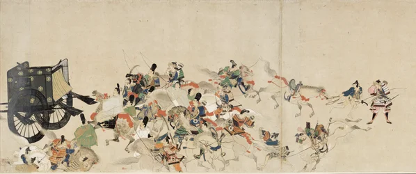 Illustrerad berättelse om inbördeskriget, The Imperial Visit to Rokuhara (Illustrerad berättelse om inbördeskriget, The Imperial Visit to Rokuhara) - Anonymt verk, akvarell och tusch på papper, tredje rulle