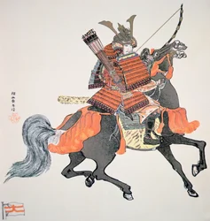 Samuraj från det gamla Japan beväpnad med båge och pilar