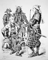 Samurajer från Gamla Japan iklädd traditionell dräkt och rustning (litho)