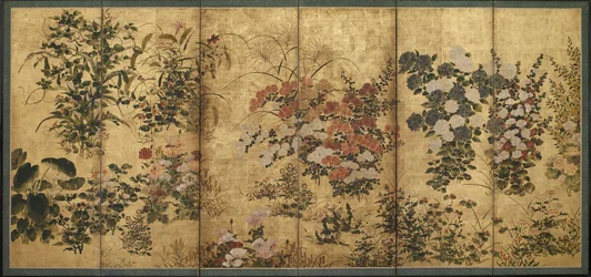 Sommar- och höstblommor, Edo-period (färg över guld på papper)