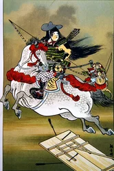 Tomoe, en modig kvinnlig krigare i Japan under Genji- och Heishiperioderna (färglitografi)