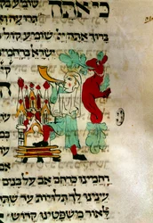 Sofarens klang, ett judiskt horn som traditionellt används för bön i hebreiska handskrifter. Detalj. Paris, Alliance Israélite Universelles bibliotek