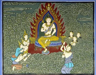 Tillbedjan av Buddha. Fresk i Yongju-templet, Suwon-regionen, Korea.