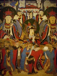 Buddha och bodhisattva åtföljda av sina väktare, rullmålning, Joseonperioden (1392-1896), Korea. Koreas nationalmuseum, Seoul, Republiken Korea