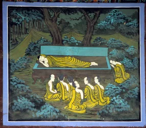 Buddha och hans lärjungar. Fresk i Yongju-templet, Suwon-regionen, Korea.