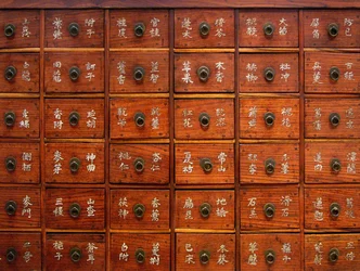 Detalj av en medicinsk trämöbel, Joseon-perioden, Coree, Kim Chong-hak Collection. Fotografi, Seouls nationalmuseum, Republiken Korea, 2006.