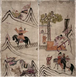 Två paneler av en åttafaldig skärm föreställande "A Story of Three Kingdoms" (naturliga pigment på papper)