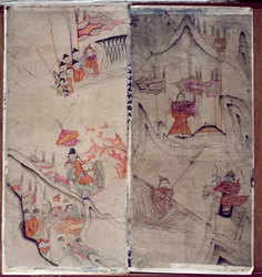 Två paneler av en åttafaldig skärm föreställande "A Story of Three Kingdoms" (naturliga pigment på papper)