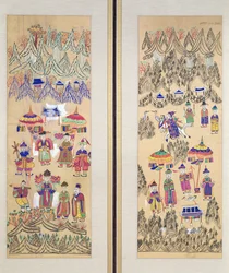 Två paneler av en åttafaldig duk föreställande "Målningar av shamanism" (färger på papper)