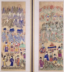 Två paneler av en åttafaldig skärm föreställande "Målningar av shamanism" (naturliga pigment på papper)