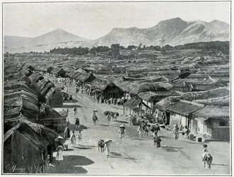 Utsikt över huvudgatan i Seoul, Koreas huvudstad på 1800-talet