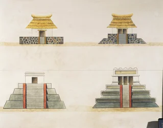 Historisk rekonstruktion av byggnader i Tenochtitlan (färg litho)