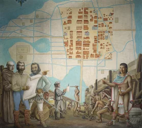 Tre män står i en konstruktion, Mexico City, Mexiko