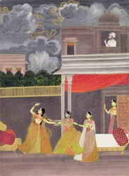 En dam hämtad från en storm på natten: illustration från musikläget Madhu Madhavi, ca 1760 (gouache på papper)