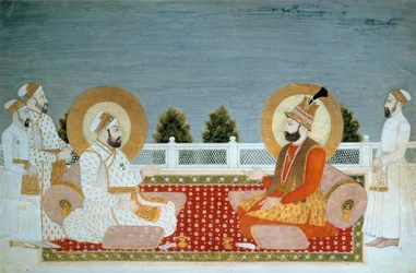 Indisk konst: framställning av den indiske kejsaren Muhammad Shah (1702-1748) och Nadir Shah (1688-1747), shah av Iran. Miniatyr från Mogulskolan, Muhammad Shah (1526-1858 e.Kr.), 0,21 x 0,31 m, Paris, Musée Guimet, Nationalmuseet för asiatisk konst
