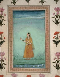 Dam som håller frukt, stående vid en liljedamm, från Small Clive Album, c.1600 (ogenomskinlig akvarell på papper)