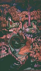 Laila och Majnun i ett landskap, Johnson Album X, nr.10, ca 1760-70 (gouache med guld på skivblad)